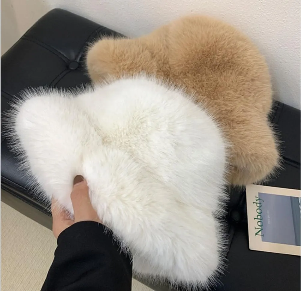Winter Fluffy Faux Fur Plush Bucket Hat for Women Fuzzy Warm Fisherman Cap Outdoor Thick Winter Hat for Ladies