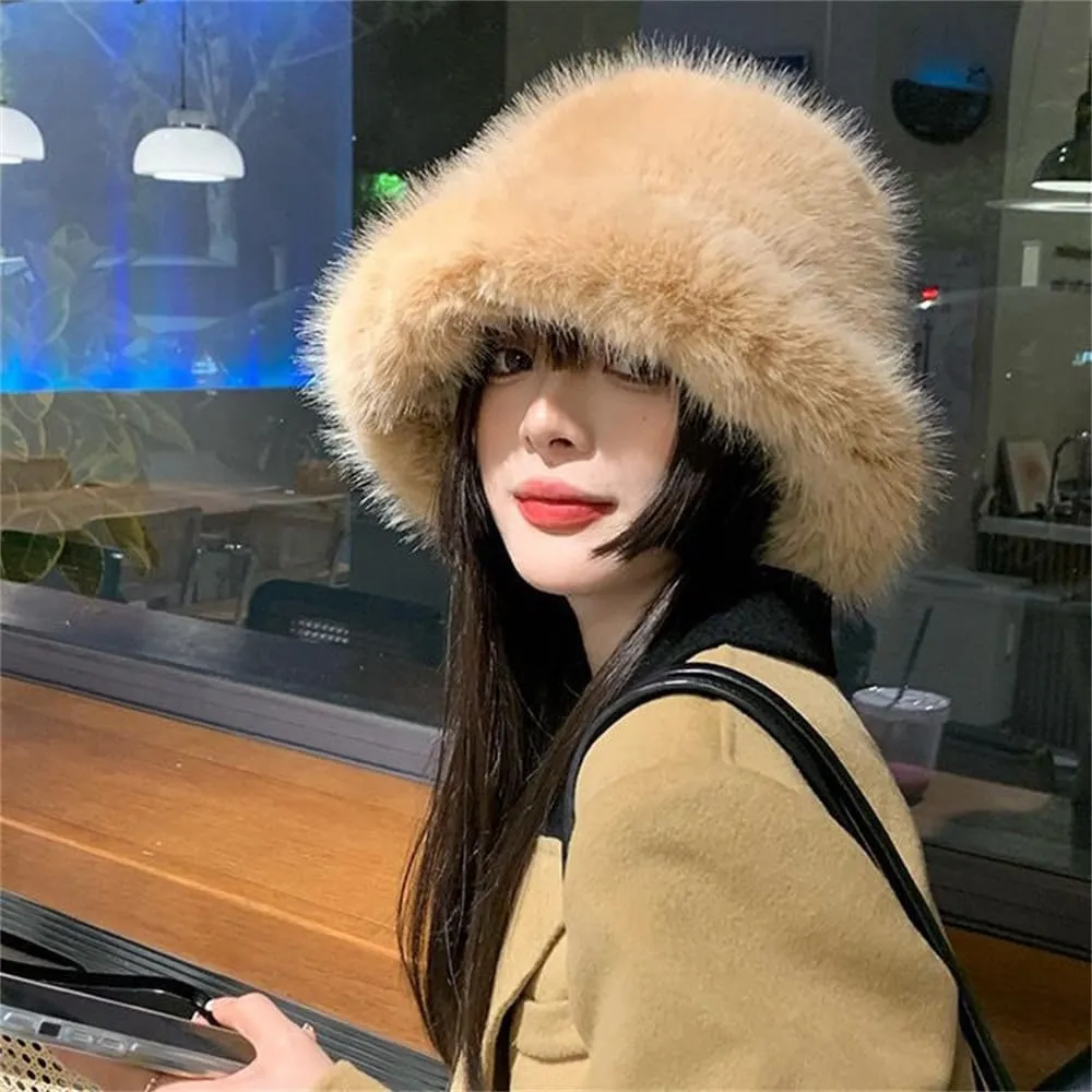 Winter Fluffy Faux Fur Plush Bucket Hat for Women Fuzzy Warm Fisherman Cap Outdoor Thick Winter Hat for Ladies