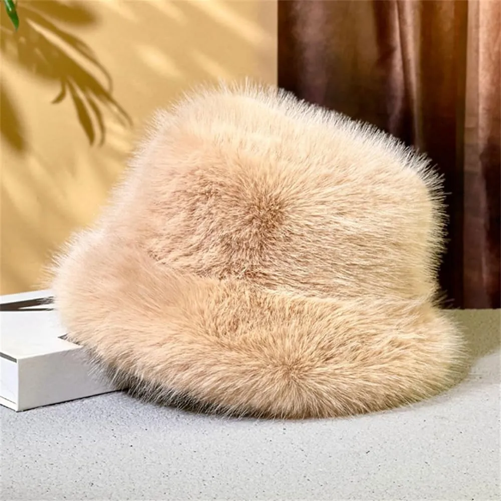 Winter Fluffy Faux Fur Plush Bucket Hat for Women Fuzzy Warm Fisherman Cap Outdoor Thick Winter Hat for Ladies