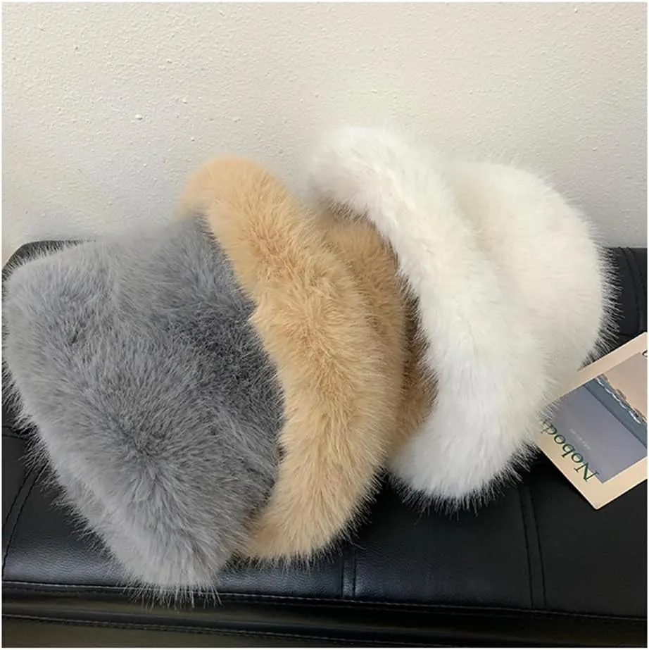 Winter Fluffy Faux Fur Plush Bucket Hat for Women Fuzzy Warm Fisherman Cap Outdoor Thick Winter Hat for Ladies