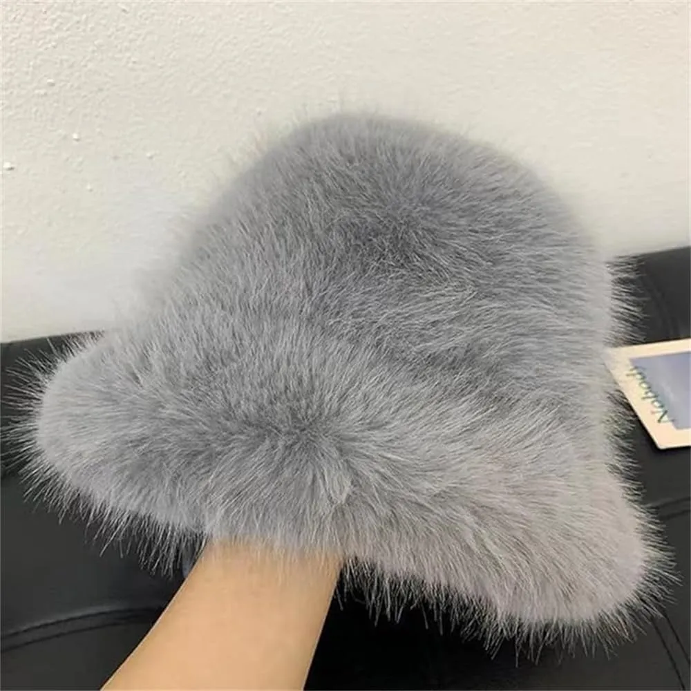 Winter Fluffy Faux Fur Plush Bucket Hat for Women Fuzzy Warm Fisherman Cap Outdoor Thick Winter Hat for Ladies