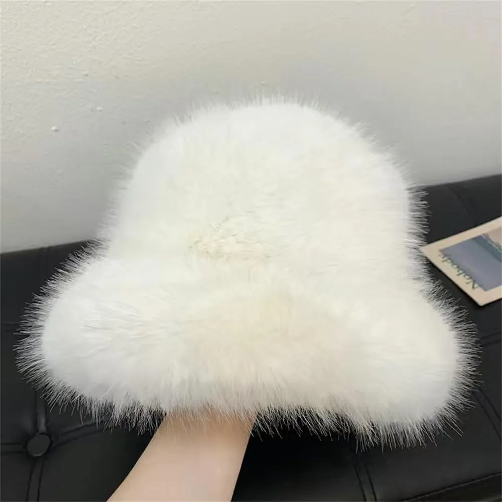 Winter Fluffy Faux Fur Plush Bucket Hat for Women Fuzzy Warm Fisherman Cap Outdoor Thick Winter Hat for Ladies