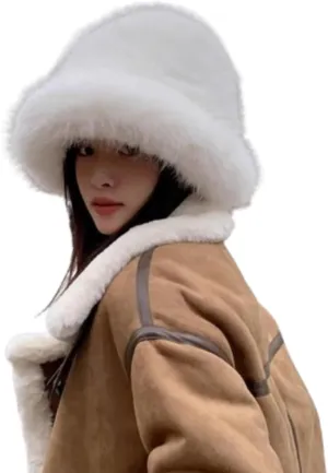 Winter Fluffy Faux Fur Plush Bucket Hat for Women Fuzzy Warm Fisherman Cap Outdoor Thick Winter Hat for Ladies