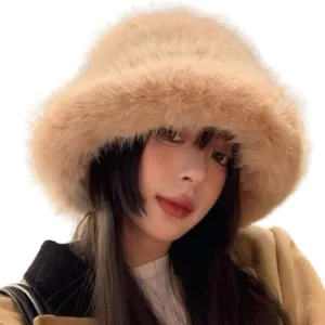 Winter Fluffy Faux Fur Plush Bucket Hat for Women Fuzzy Warm Fisherman Cap Outdoor Thick Winter Hat for Ladies