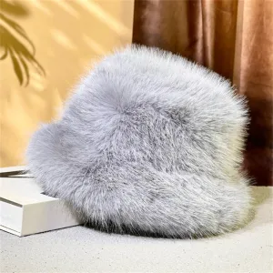 Winter Fluffy Faux Fur Plush Bucket Hat for Women Fuzzy Warm Fisherman Cap Outdoor Thick Winter Hat for Ladies