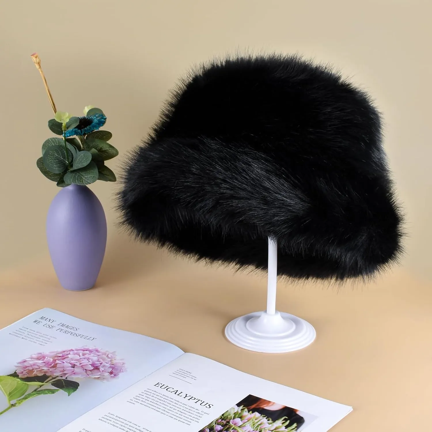 Winter Soft Faux Fur Plush Bucket Hat, Lovely Fuzzy Fisherman Cap, Fashion Outdoor Thick Warm Sun Cap for Women