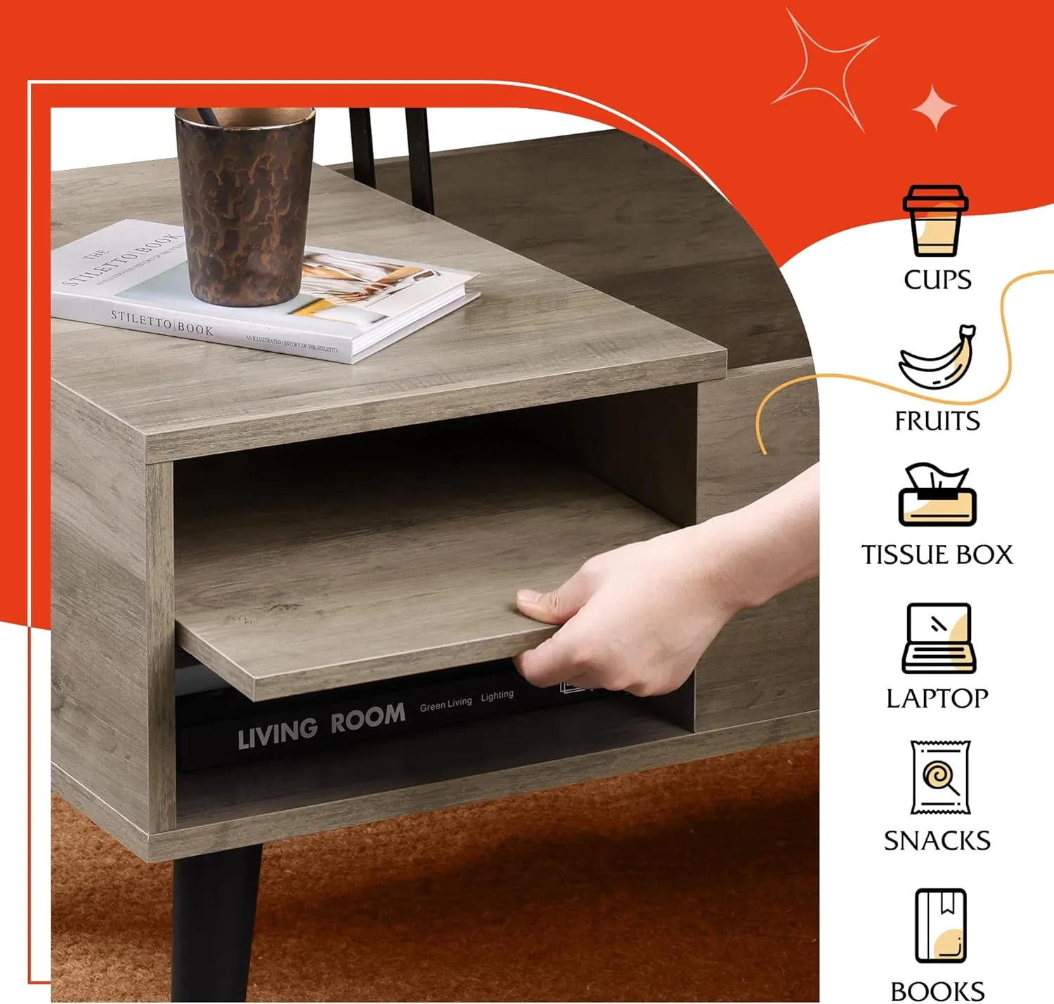 WLIVE Lift Top Coffee Table with Storage for Living Room,Small Hidden Compartment and Adjustable Shelf,Mid Century Modern ,Wood,Greige