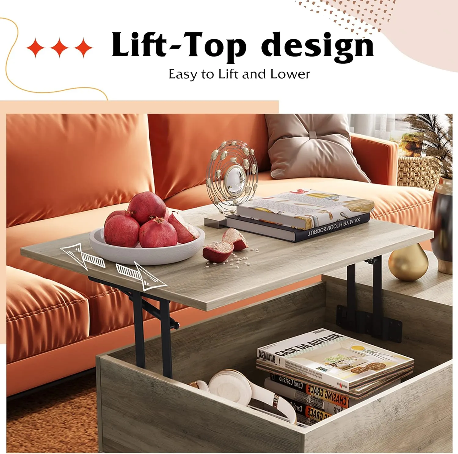 WLIVE Lift Top Coffee Table with Storage for Living Room,Small Hidden Compartment and Adjustable Shelf,Mid Century Modern ,Wood,Greige