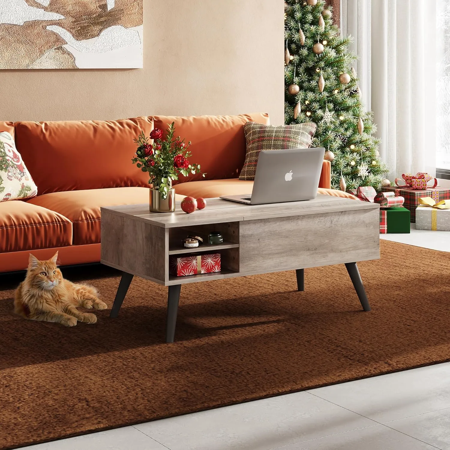 WLIVE Lift Top Coffee Table with Storage for Living Room,Small Hidden Compartment and Adjustable Shelf,Mid Century Modern ,Wood,Greige