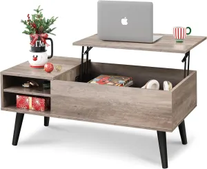 WLIVE Lift Top Coffee Table with Storage for Living Room,Small Hidden Compartment and Adjustable Shelf,Mid Century Modern ,Wood,Greige