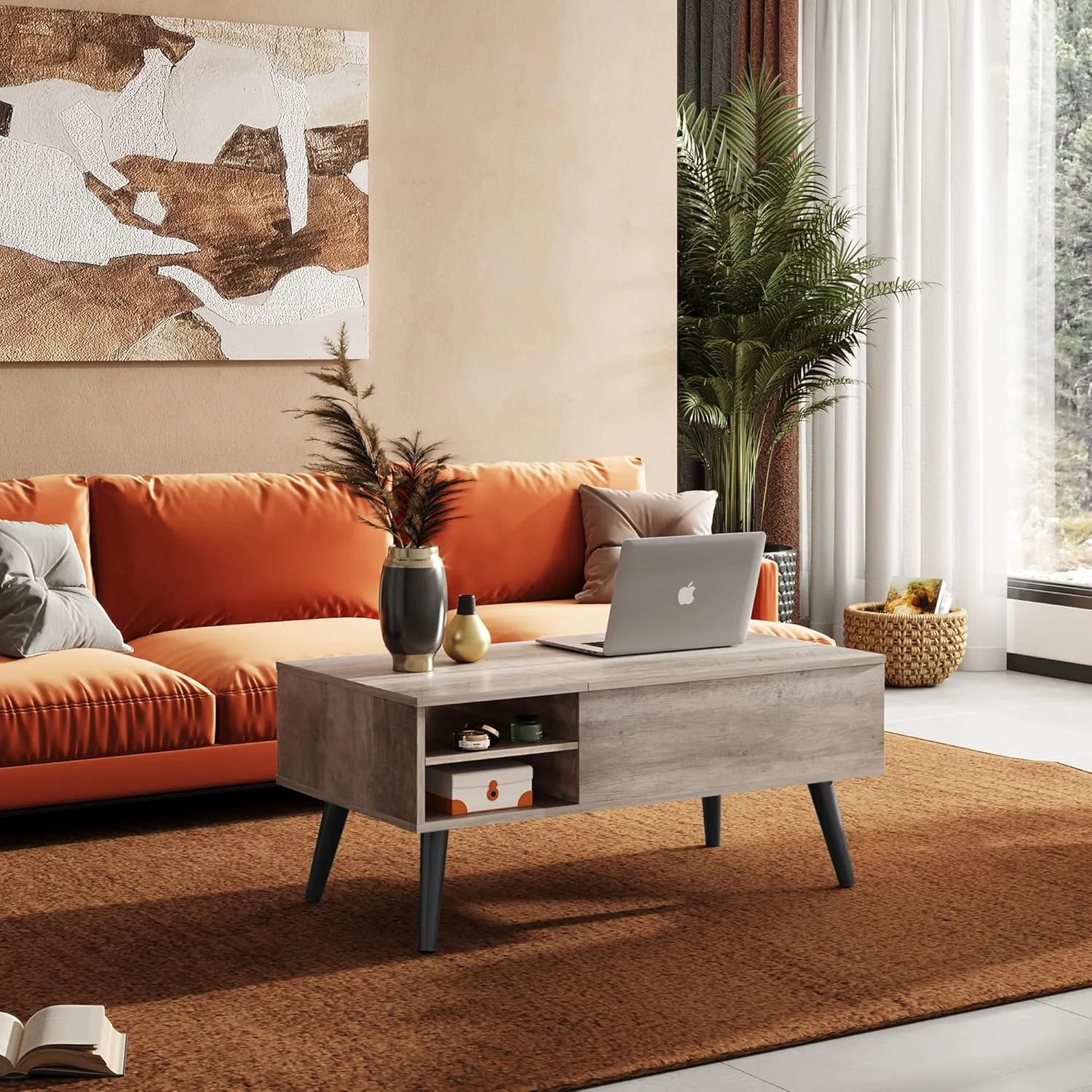 WLIVE Lift Top Coffee Table with Storage for Living Room,Small Hidden Compartment and Adjustable Shelf,Mid Century Modern ,Wood,Greige