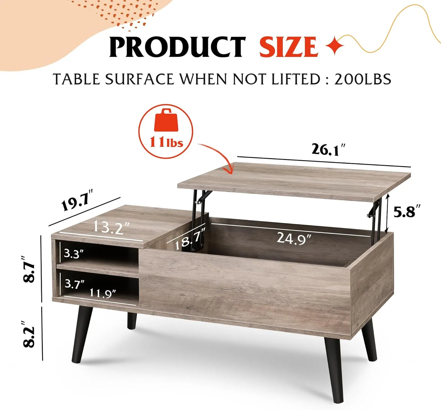 WLIVE Lift Top Coffee Table with Storage for Living Room,Small Hidden Compartment and Adjustable Shelf,Mid Century Modern ,Wood,Greige