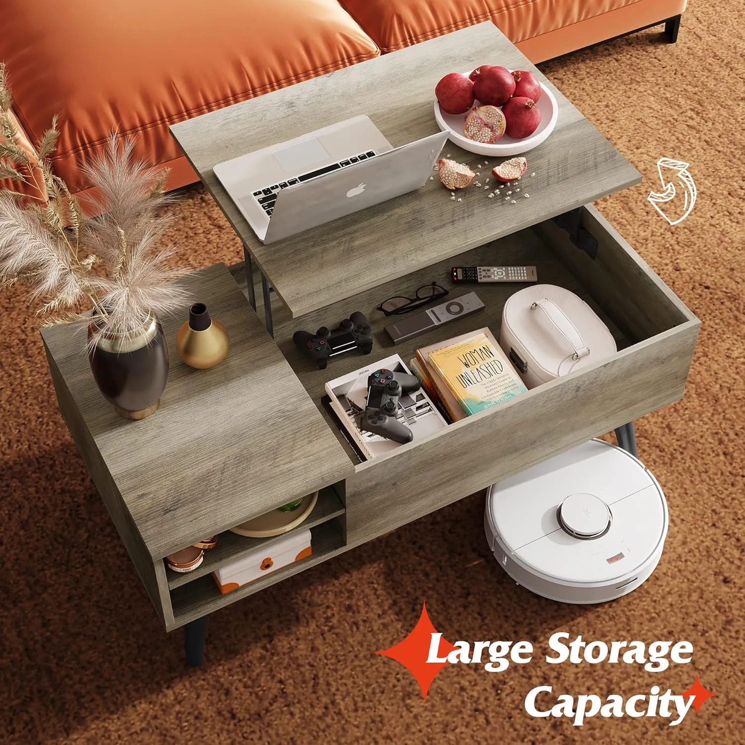 WLIVE Lift Top Coffee Table with Storage for Living Room,Small Hidden Compartment and Adjustable Shelf,Mid Century Modern ,Wood,Greige