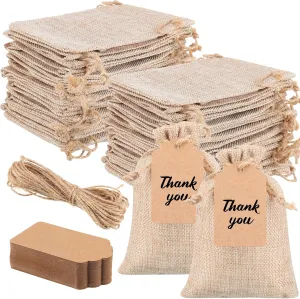 Woanger 100 Pcs Burlap Gift Bags with 100 Pcs Kraft Paper Gift Tags with Drawstring Favor Bulk Burlap Sack Bags for DIY Wedding Party Craft(3 x 4 Inch,Light Brown)