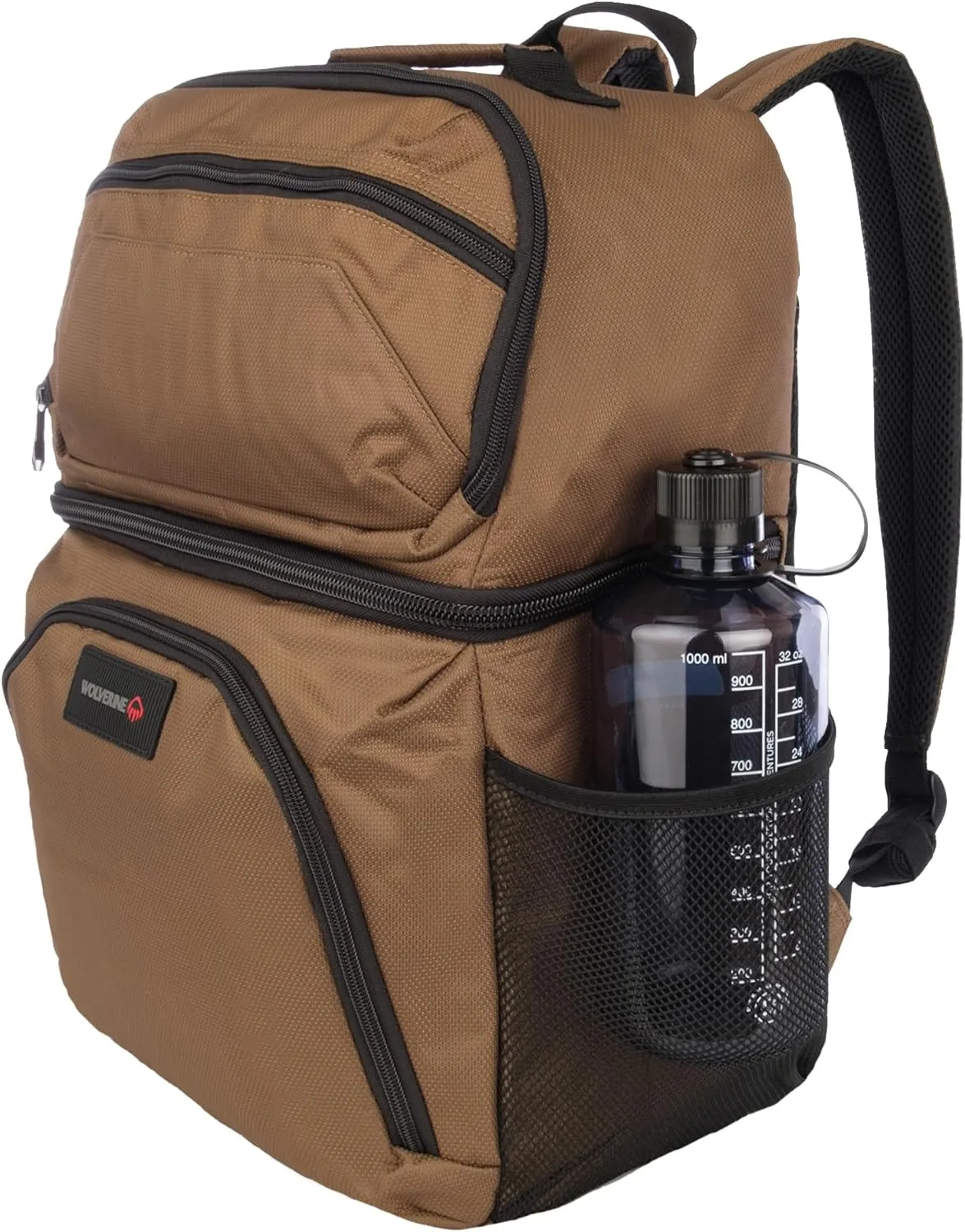 Wolverine 36 Can Cooler Backpack with Durable Nailhead Nylon, Dual Compartment Cooler & Dry Storage, Padded Mesh Back Panel, & Exterior Water Bottle Pockets