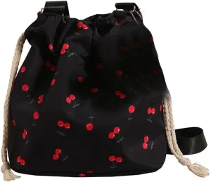 Women Bag Cherries Pattern Shoulder Bag Fashion Bucket Bag Drawstring Crossbody Bag Beach Bag Messenger Bag for Travel