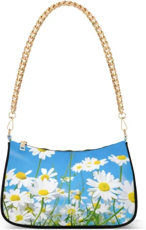 Women Chain Shoulder Purse Bag With Zipper Daisy Flowering Shrubs Print, Hobo Tote Clutch Handbags with Chain Strap