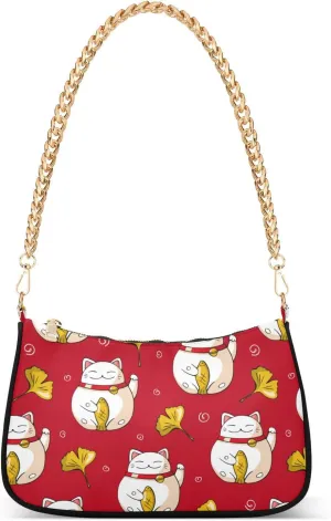 Women Chain Shoulder Purse Bag With Zipper Japan Fortune Cat Print, Autumn Maple Leaf Hobo Tote Clutch Handbags with Chain Strap