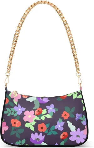 Women Chain Shoulder Purse Bag With Zipper Small Naive Flowers Print, Pink Wildflowers Hobo Tote Clutch Handbags with Chain Strap