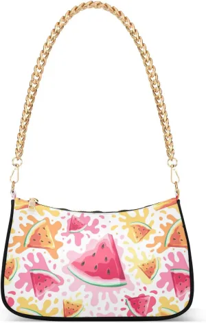 Women Chain Shoulder Purse Bag With Zipper Summer Juicy Watermelon Print, Hobo Tote Clutch Handbags with Chain Strap