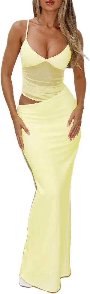 Women Cutout Bodycon Maxi Dress Summer Clothes Sexy Mesh See Through V Neck Spaghetti Strap Long Dresses Streetwear