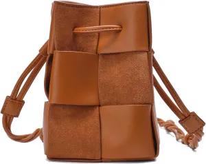 Women Drawstring Bucket Tote Crossbody Bag, Autumn Sports Woven Drawstring Hobo Bucket Bag (Brown)