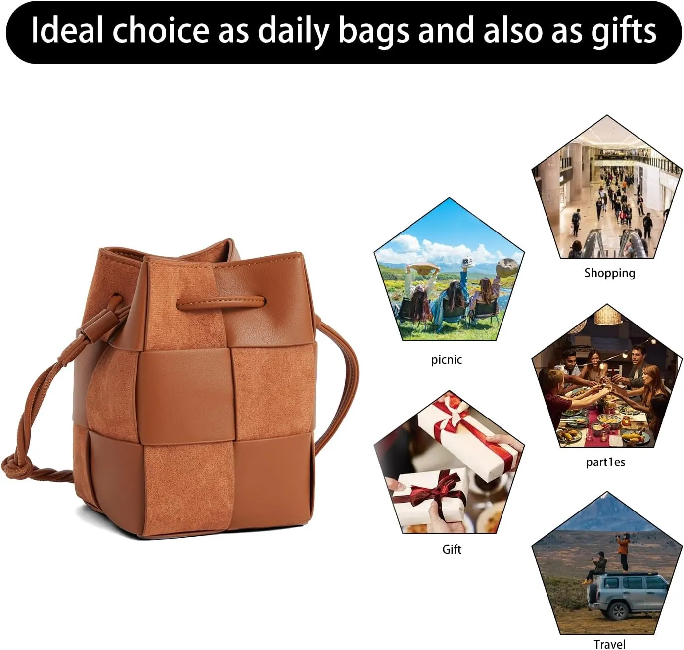 Women Drawstring Bucket Tote Crossbody Bag, Autumn Sports Woven Drawstring Hobo Bucket Bag (Brown)