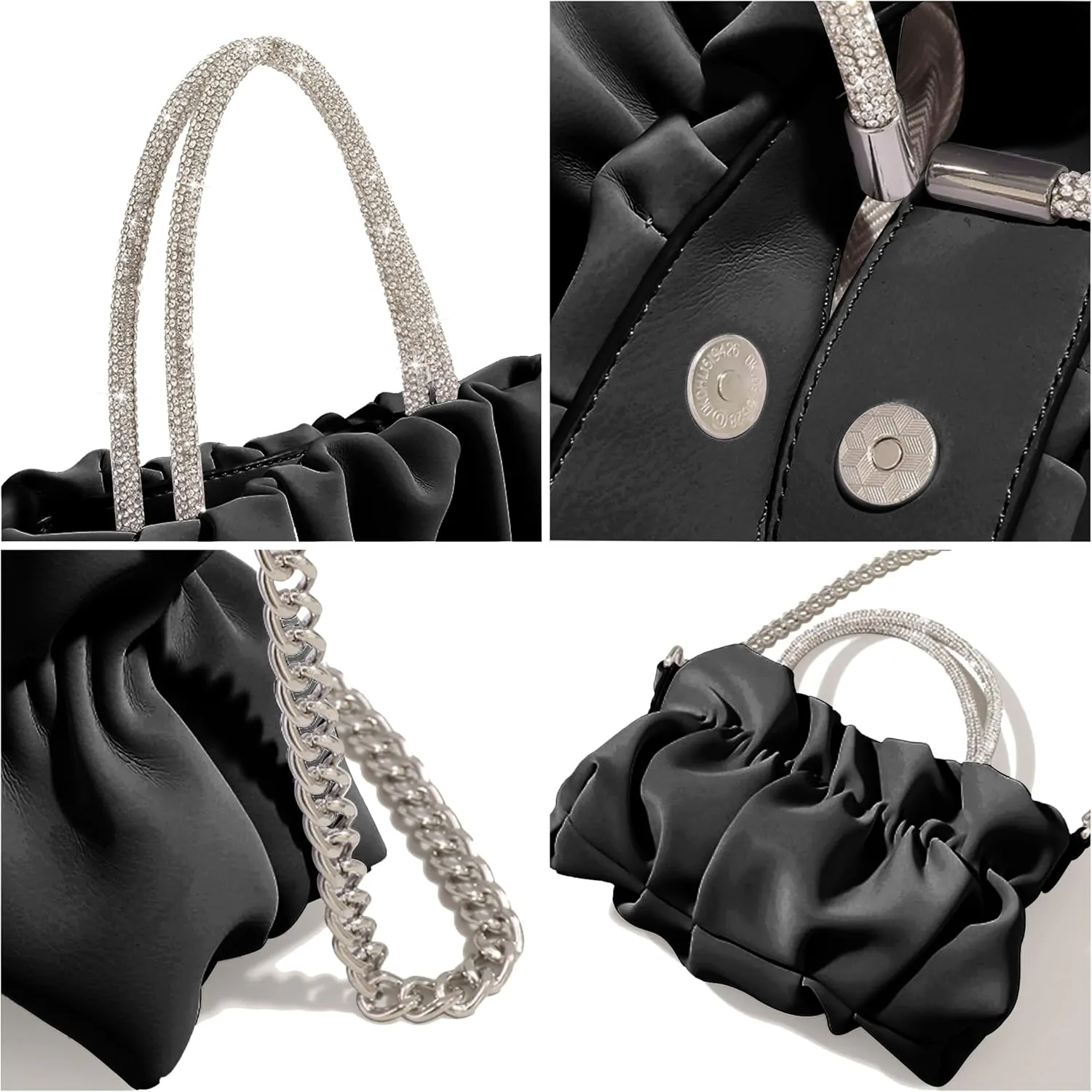 Women Evening Purse Handbags Rhinestone Handle Soft Leather Ruched Bag Bridal Clutch Wedding Party Crossbody Bag