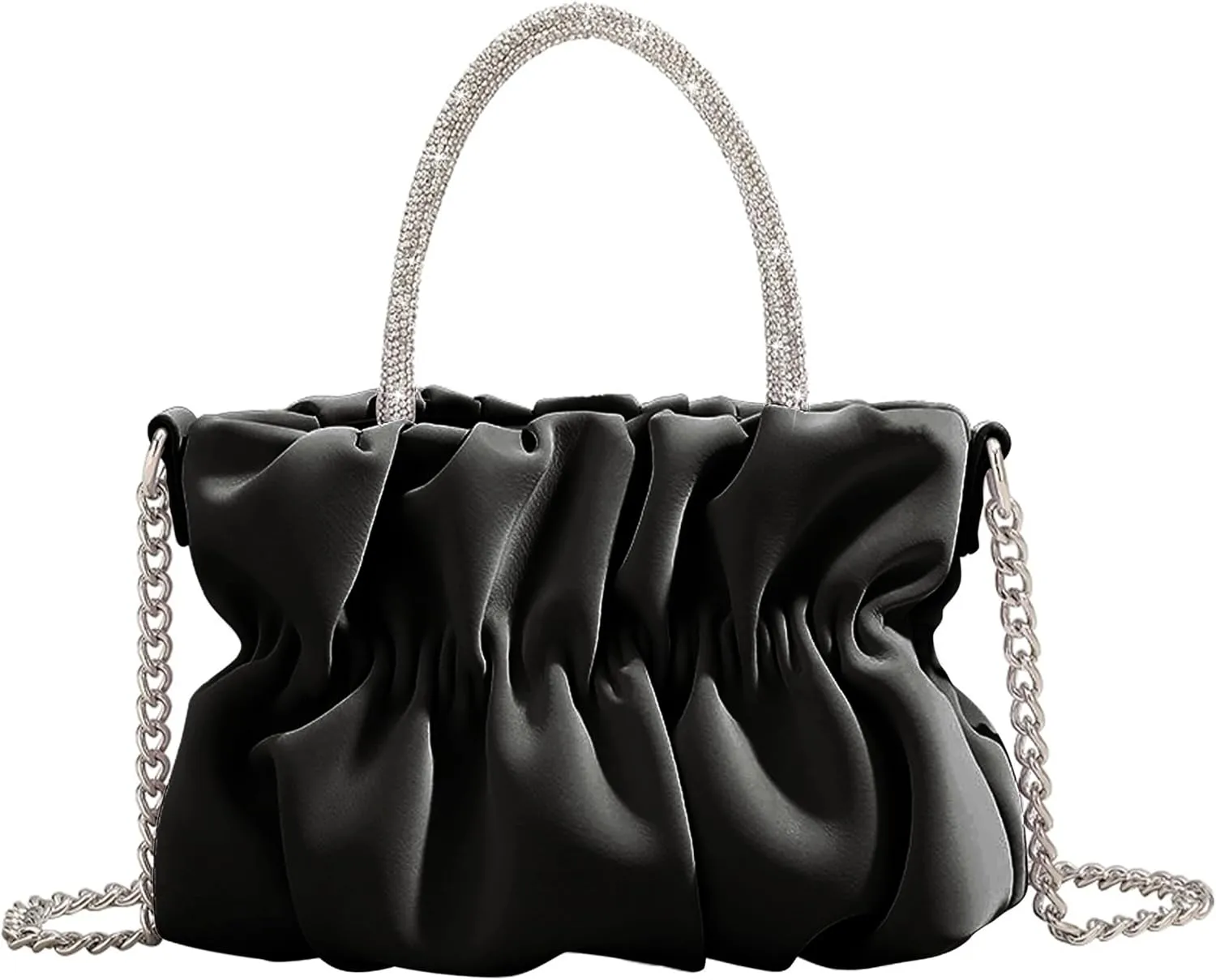 Women Evening Purse Handbags Rhinestone Handle Soft Leather Ruched Bag Bridal Clutch Wedding Party Crossbody Bag