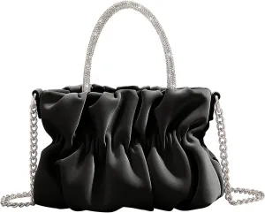 Women Evening Purse Handbags Rhinestone Handle Soft Leather Ruched Bag Bridal Clutch Wedding Party Crossbody Bag