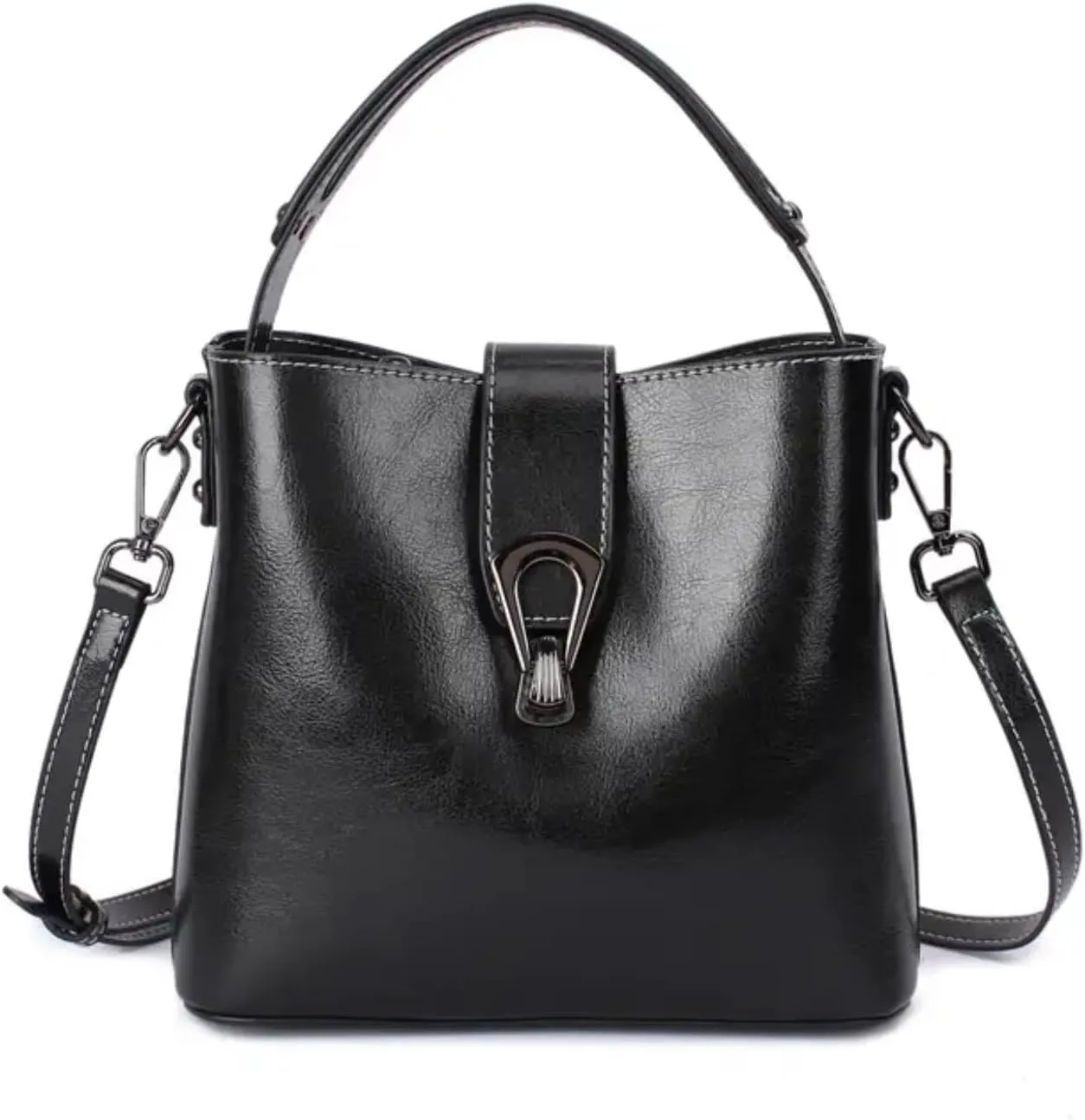 Women Genuine Real Leather Bucket Hobo Handbag, Vintage Fashion Top handle Satchel Crossbody Bag w/ 2 Straps