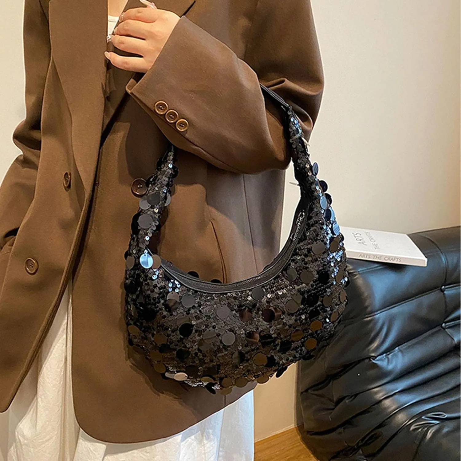 Women Hobo Handbags Sparkly Sequins Underarm Bag Y2k Shiny Evening Clutch PU Leather Crescent Moon Underarm Bag
