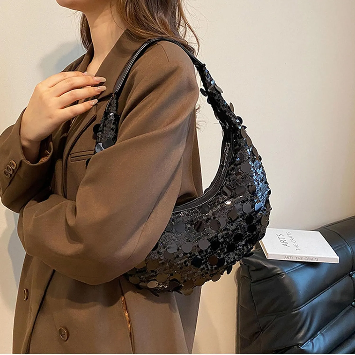 Women Hobo Handbags Sparkly Sequins Underarm Bag Y2k Shiny Evening Clutch PU Leather Crescent Moon Underarm Bag