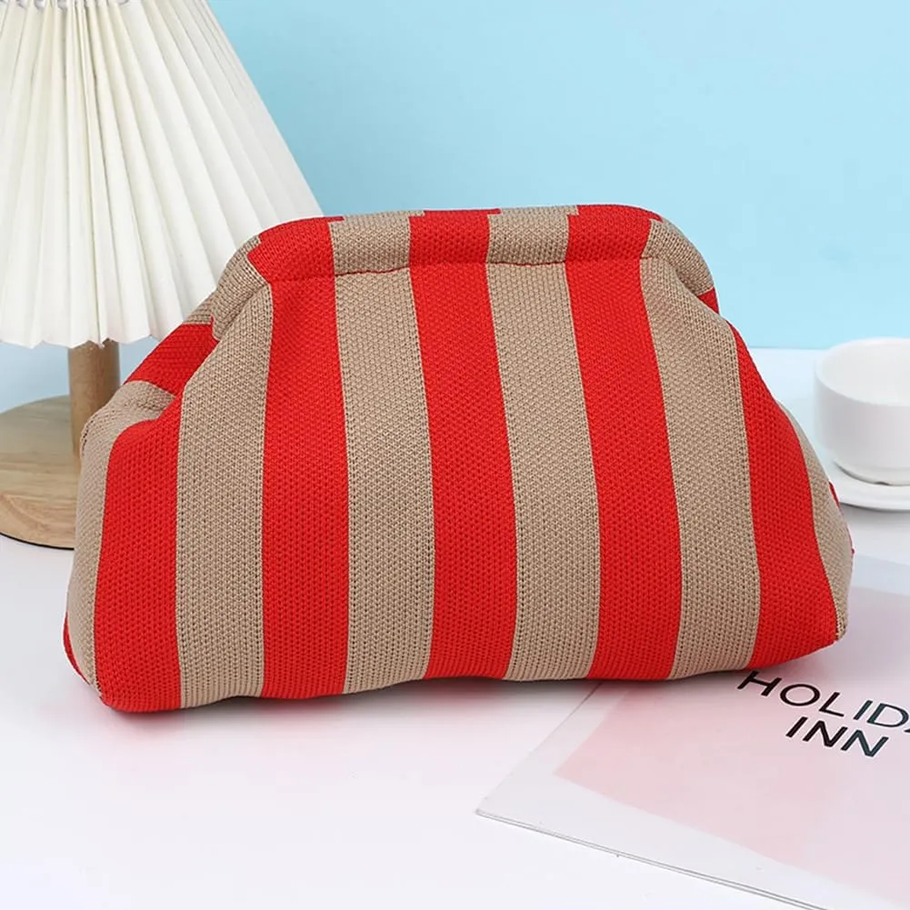 Women Knitted Clutch Purse Contrast Color Knit Stripe Purse Knitting Dumpling Clutch Woven Bag for Female