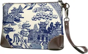 Women Leather Clutch Purse Wristlet Handbag China Blue Willow Small Cell Phone Purse With Wrist Straps