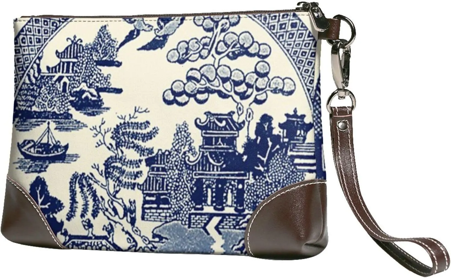 Women Leather Clutch Purse Wristlet Handbag China Blue Willow Small Cell Phone Purse With Wrist Straps