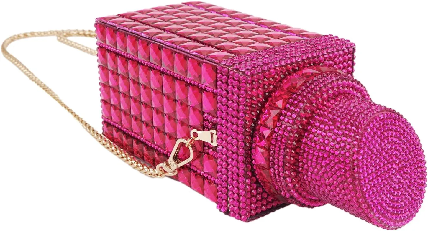 Women Lipstick Shape Inlaid Rhinestone Crystal Glitter Evening Bags Purses Clutch Sparkly Banquet Handbag