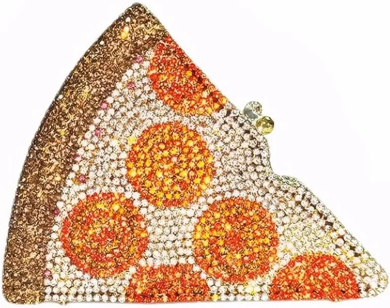 Women Luxury Pizza Evening Bag Full Rhinestones Shiny Clutch Purse Detachable Chain for Festival Halloween Christmas
