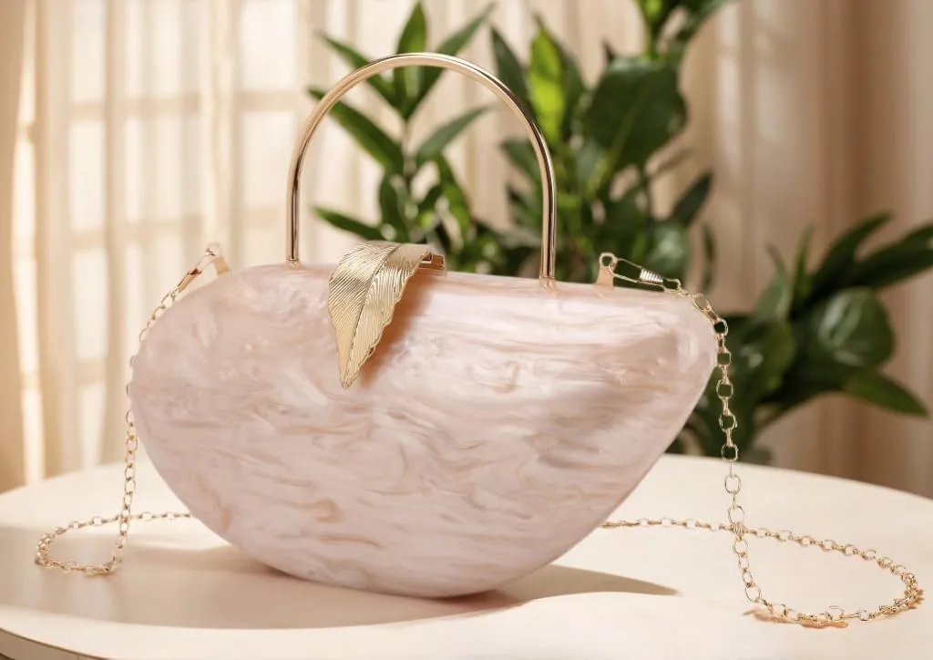 Women Marble Acrylic Evening Bag with Handle Chic Leaf Closure Removable Chain Clutch Purse for Prom Cocktail Wedding