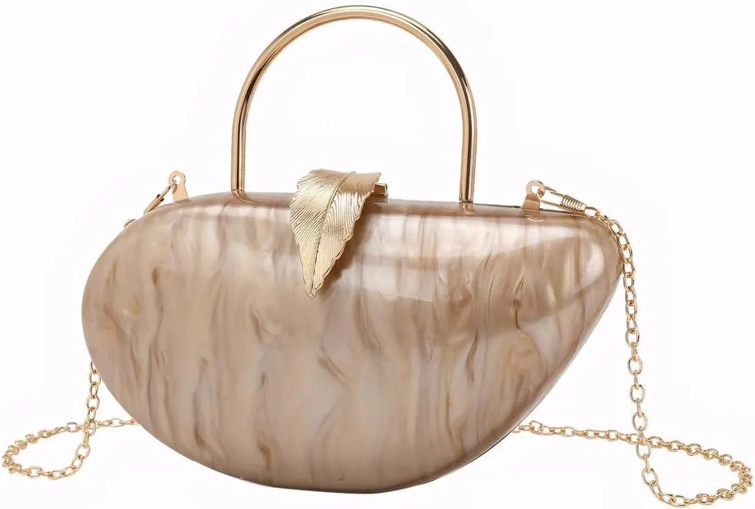 Women Marble Acrylic Evening Bag with Handle Chic Leaf Closure Removable Chain Clutch Purse for Prom Cocktail Wedding