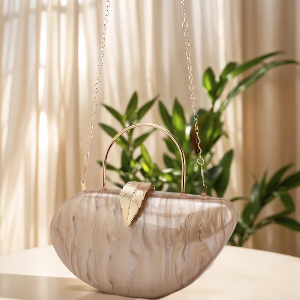 Women Marble Acrylic Evening Bag with Handle Chic Leaf Closure Removable Chain Clutch Purse for Prom Cocktail Wedding