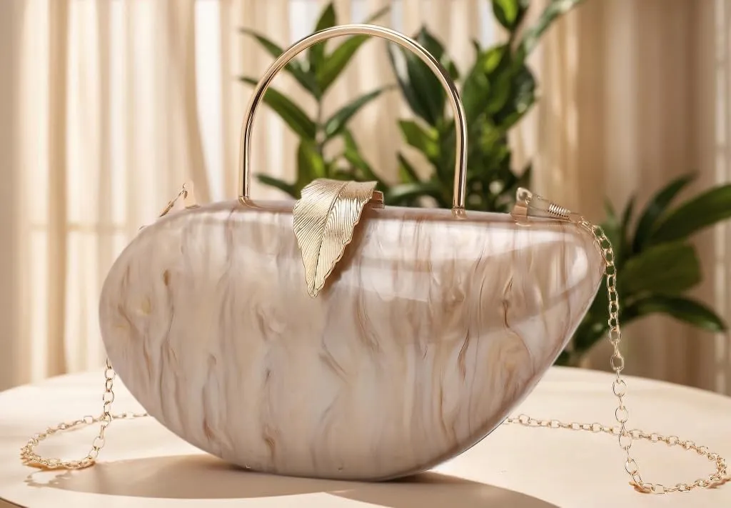 Women Marble Acrylic Evening Bag with Handle Chic Leaf Closure Removable Chain Clutch Purse for Prom Cocktail Wedding