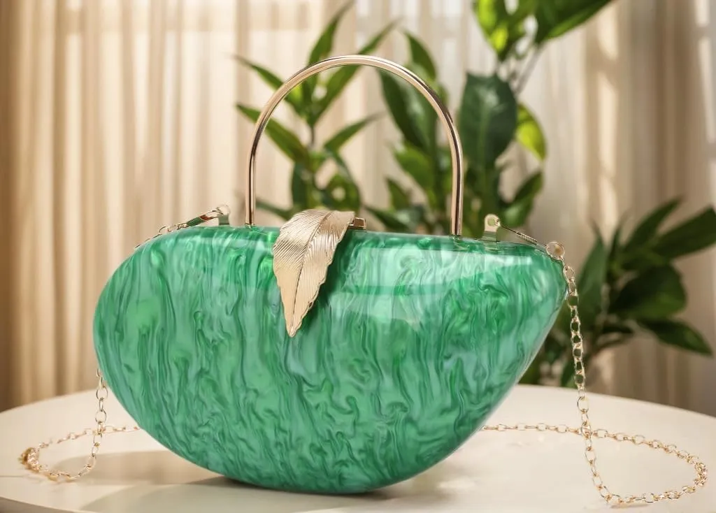 Women Marble Acrylic Evening Bag with Handle Chic Leaf Closure Removable Chain Clutch Purse for Prom Cocktail Wedding