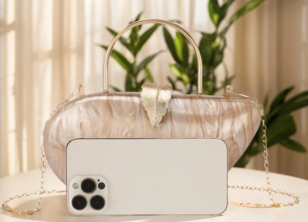 Women Marble Acrylic Evening Bag with Handle Chic Leaf Closure Removable Chain Clutch Purse for Prom Cocktail Wedding