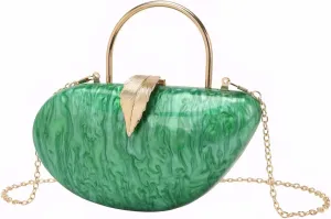 Women Marble Acrylic Evening Bag with Handle Chic Leaf Closure Removable Chain Clutch Purse for Prom Cocktail Wedding
