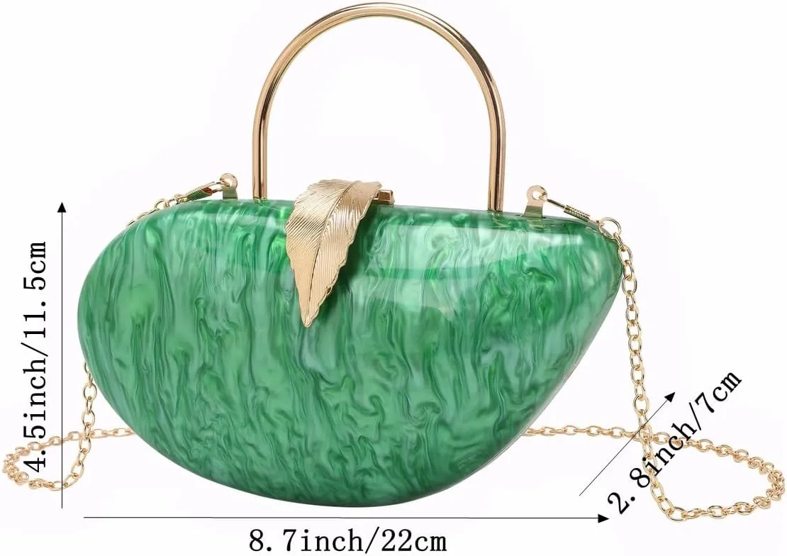 Women Marble Acrylic Evening Bag with Handle Chic Leaf Closure Removable Chain Clutch Purse for Prom Cocktail Wedding