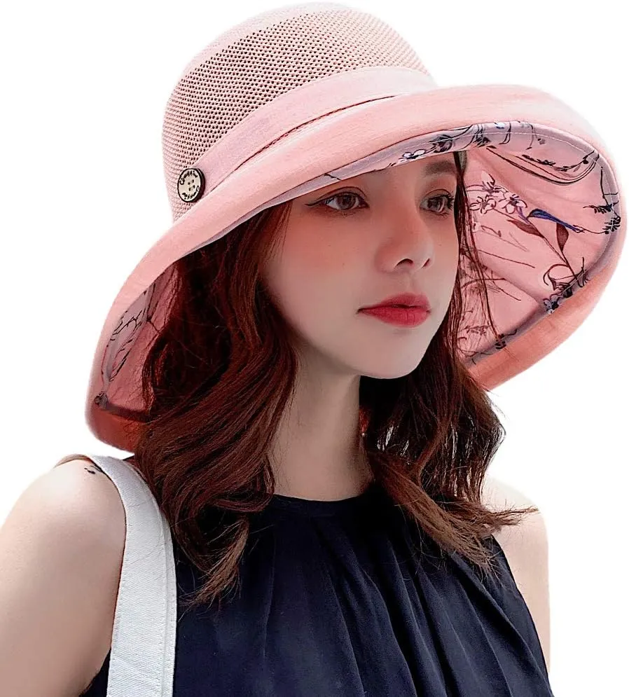 Women Mesh Sun Hats Summer Beach UV Protection UPF Packable Wide Brim Chin Strap