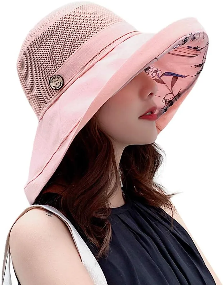 Women Mesh Sun Hats Summer Beach UV Protection UPF Packable Wide Brim Chin Strap