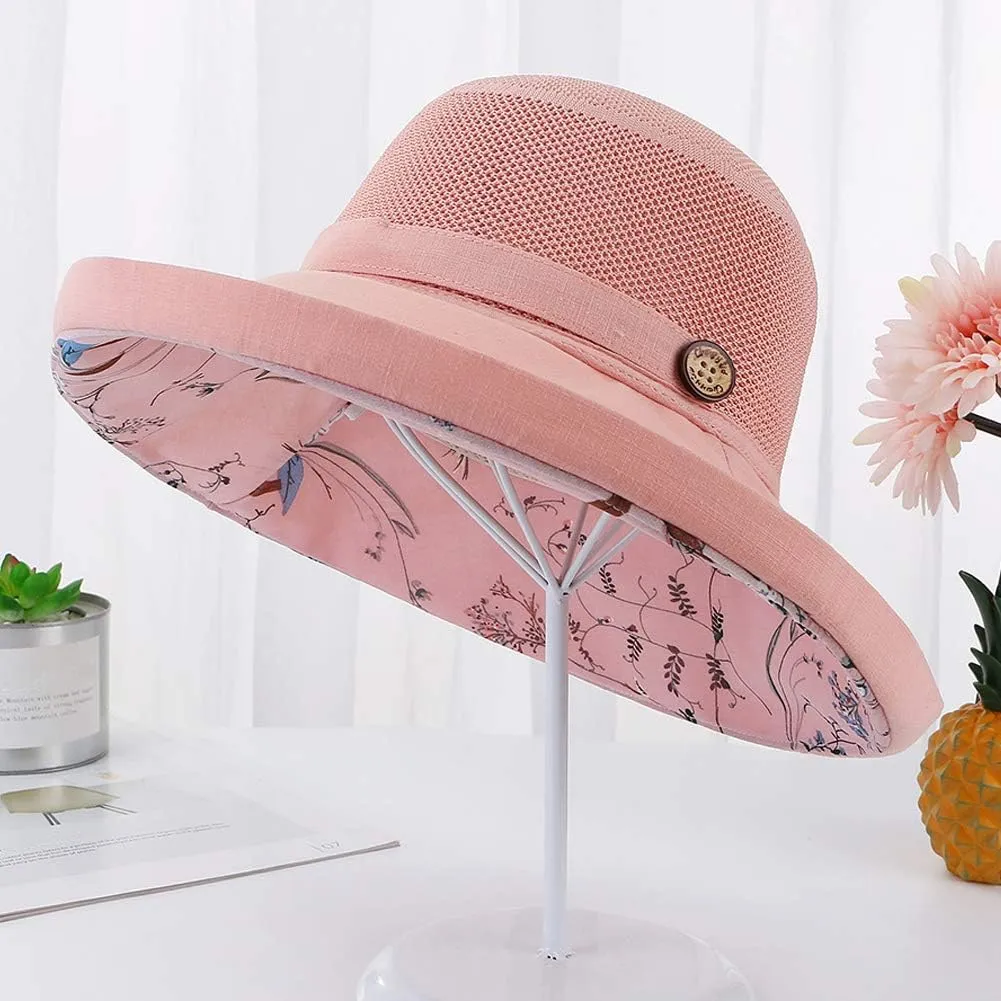 Women Mesh Sun Hats Summer Beach UV Protection UPF Packable Wide Brim Chin Strap