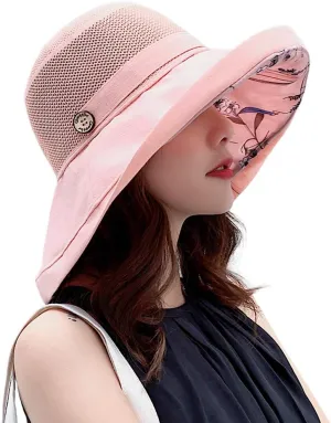 Women Mesh Sun Hats Summer Beach UV Protection UPF Packable Wide Brim Chin Strap